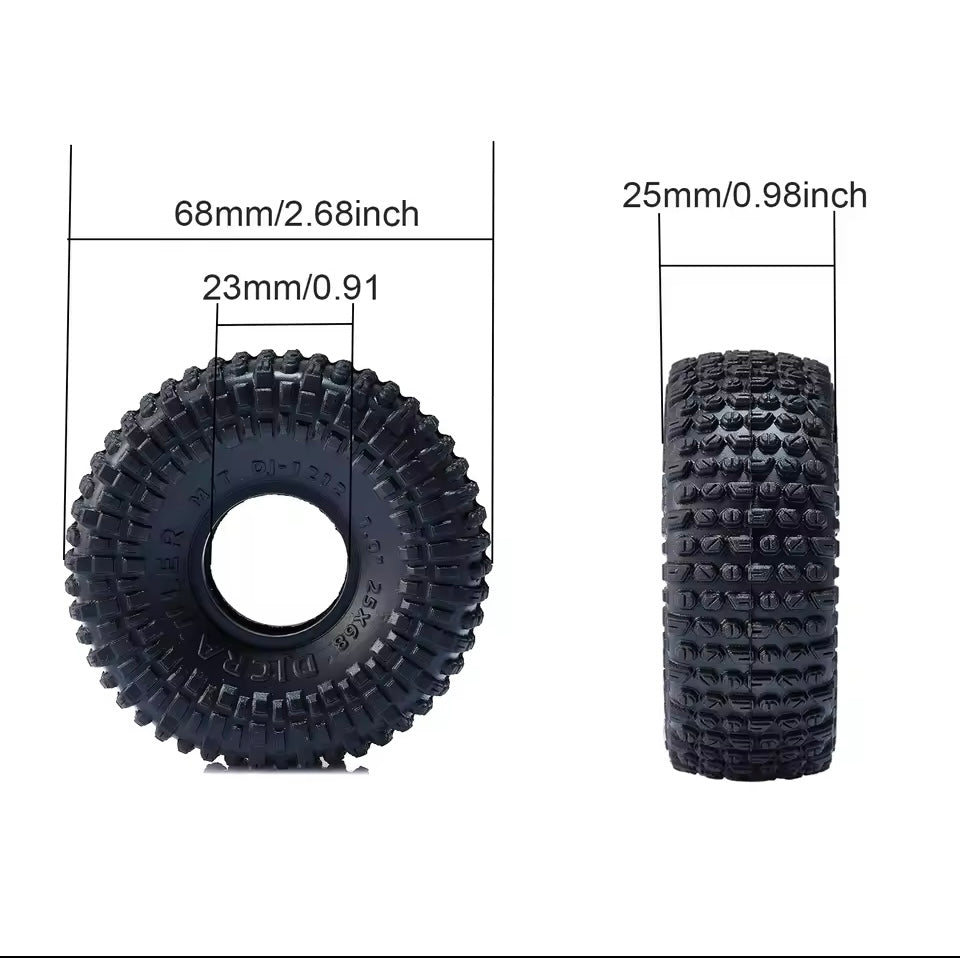 DJ 68 * 25mm Soft Pin Tires and Purple Silicone Rubber Inserts Set for Trx4m SCX24 1/18 1/24 1.0" Tires RC Crawler FCX24