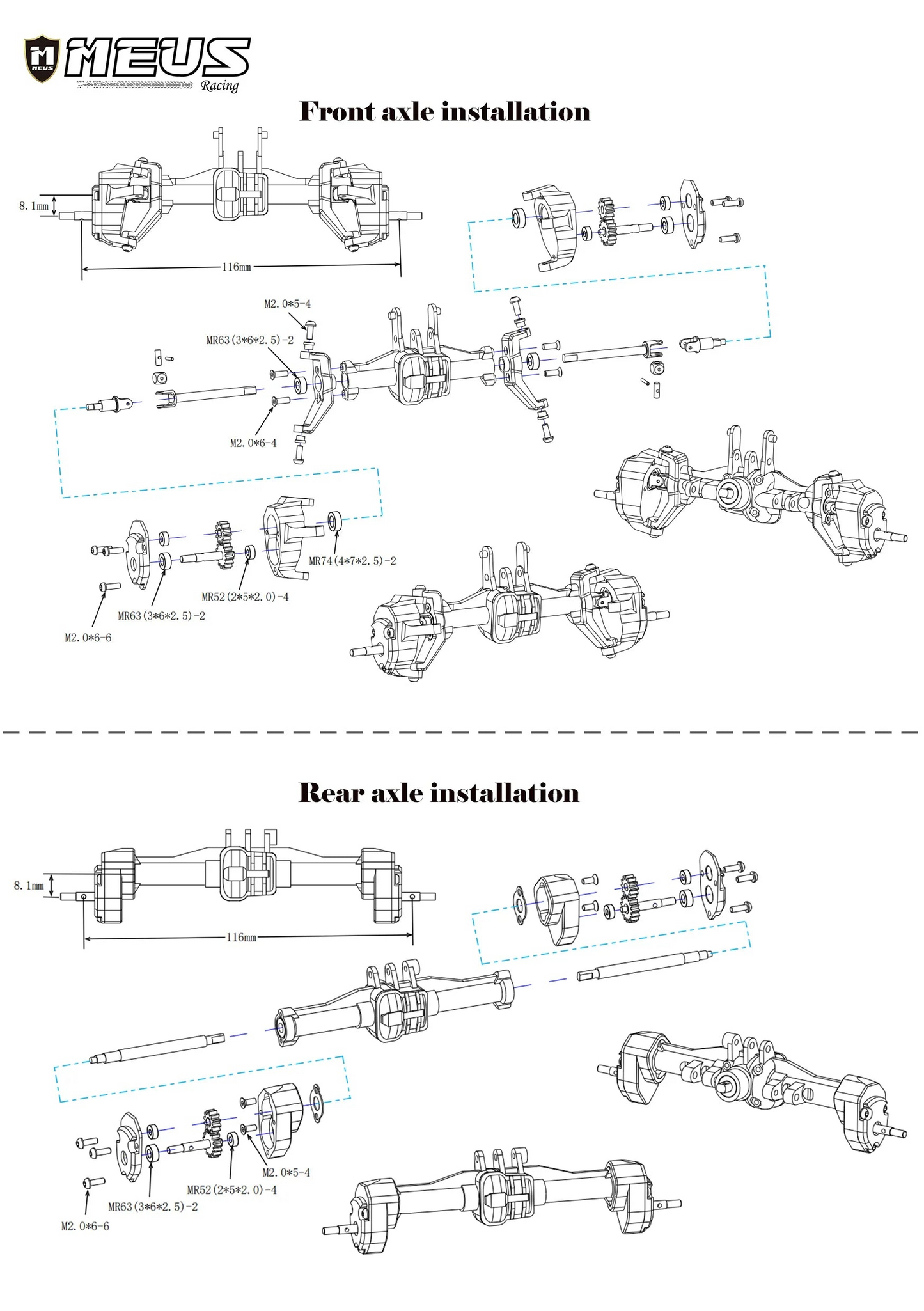 MEUS RACING Front And Rear Portal Axle DIY Kit Aluminum Straight Axle To Portal Axle Kit Ground Clearance +8.1MM For 1/18 TRX4M (Aluminum)