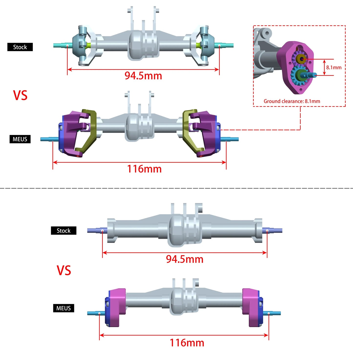 MEUS RACING Front And Rear Portal Axle DIY Kit Aluminum Straight Axle To Portal Axle Kit Ground Clearance +8.1MM For 1/18 TRX4M (Aluminum)