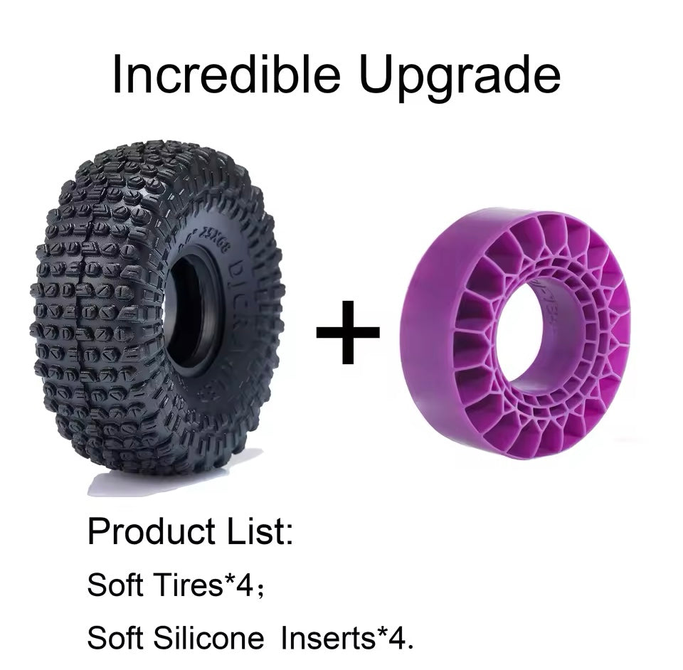 DJ 68 * 25mm Soft Pin Tires and Purple Silicone Rubber Inserts Set for Trx4m SCX24 1/18 1/24 1.0" Tires RC Crawler FCX24