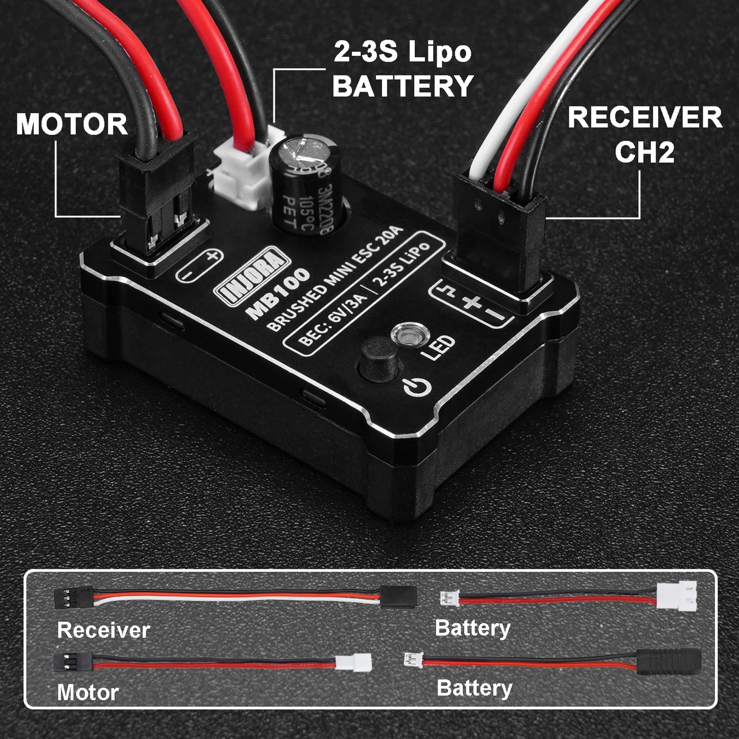 INJORA MB100 Brushed Mini ESC 20A for 1/24 1/18 RC Crawler SCX24 AX24 TRX4M FCX24 FCX18