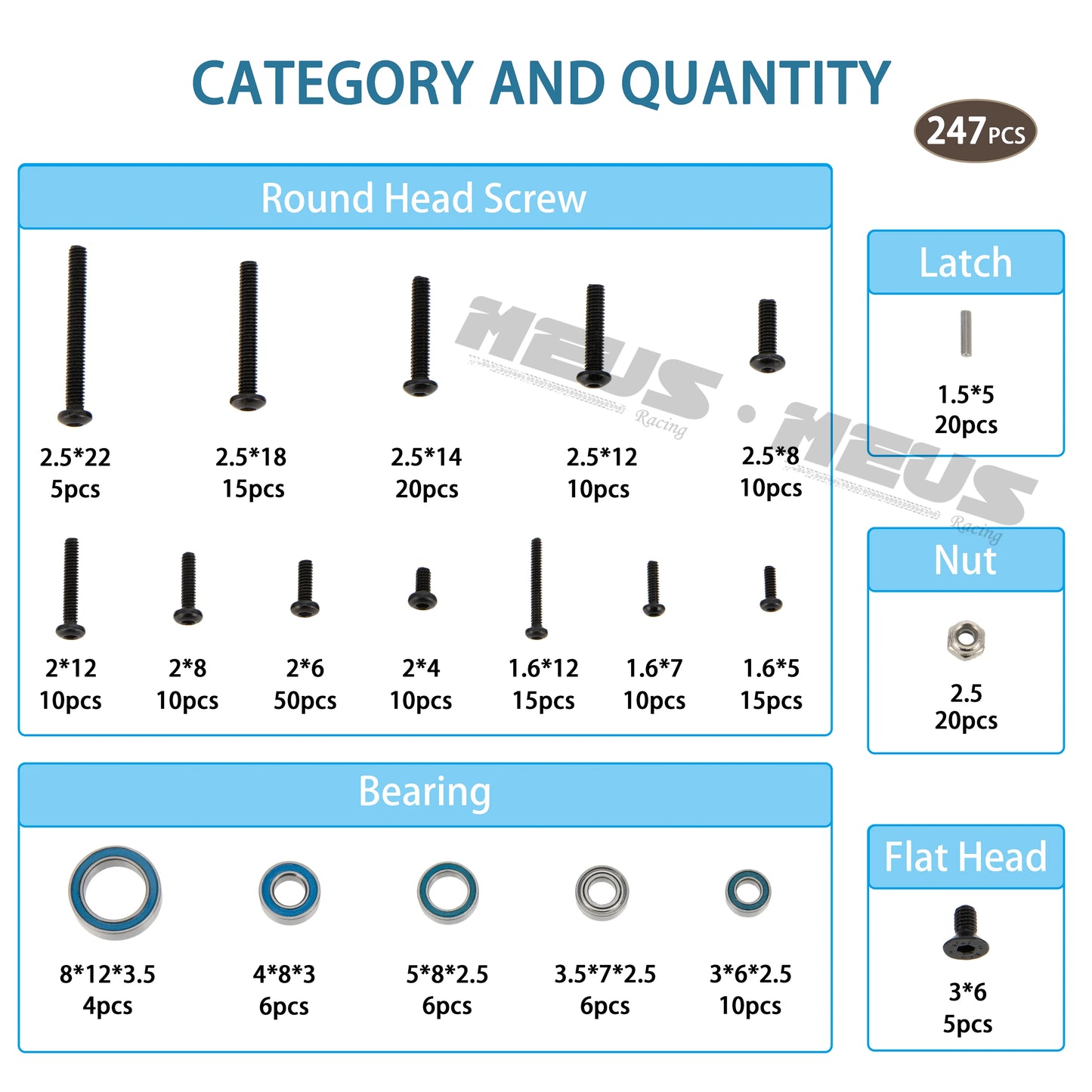 Meus Racing Metal Steel Bearing Screw Kit Boxed 247PCS for 1/18 TRX4M TRX-4M RC Crawler Upgrade Parts Accessories