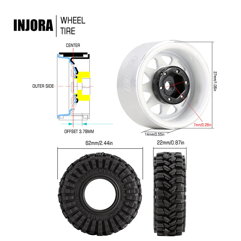 INJORA 1.0" 62*22mm -3.78mm Offset Beadlock Wheel Rims Tires Set